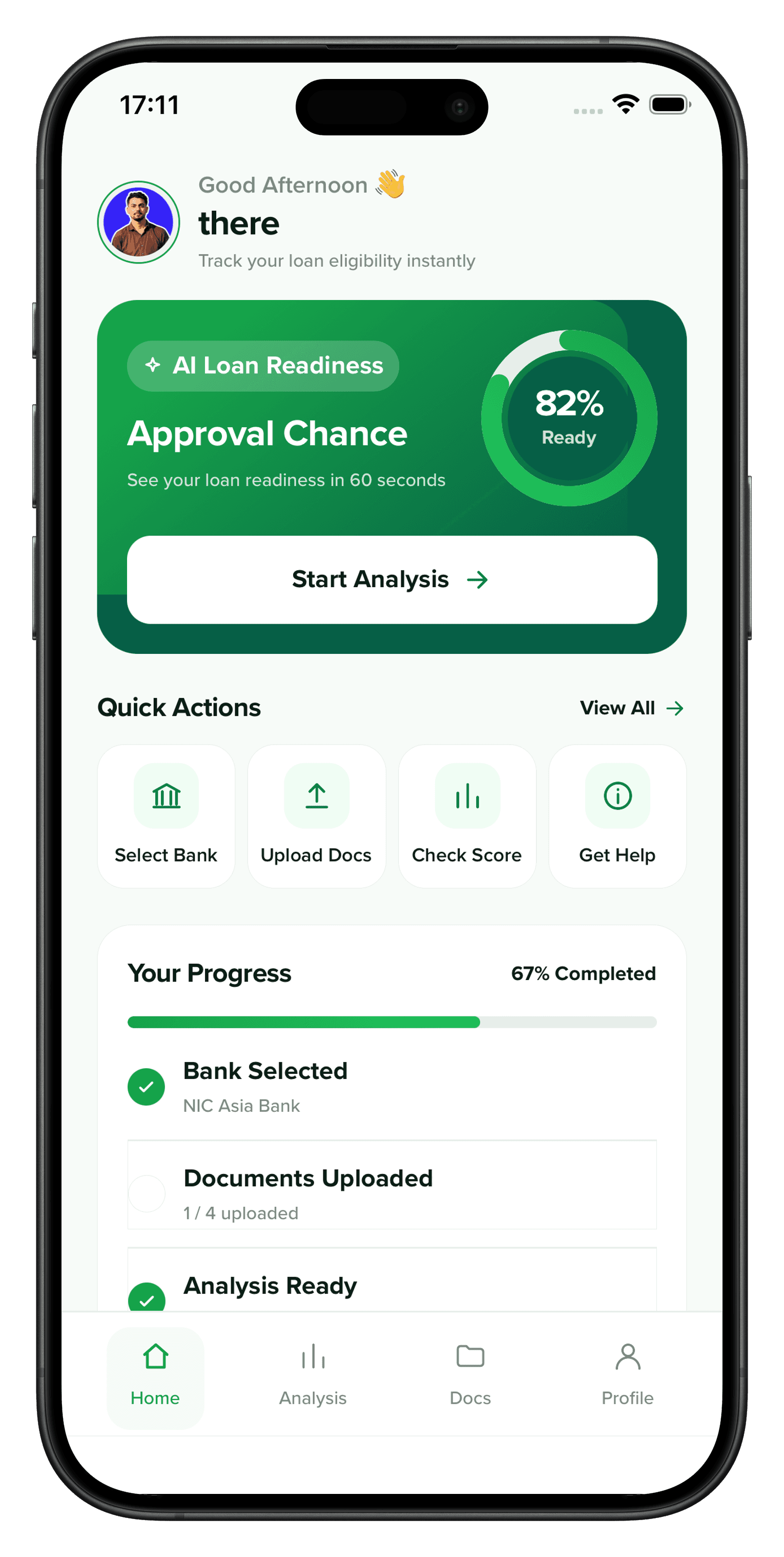 thedocly app showing an 82% loan-readiness score