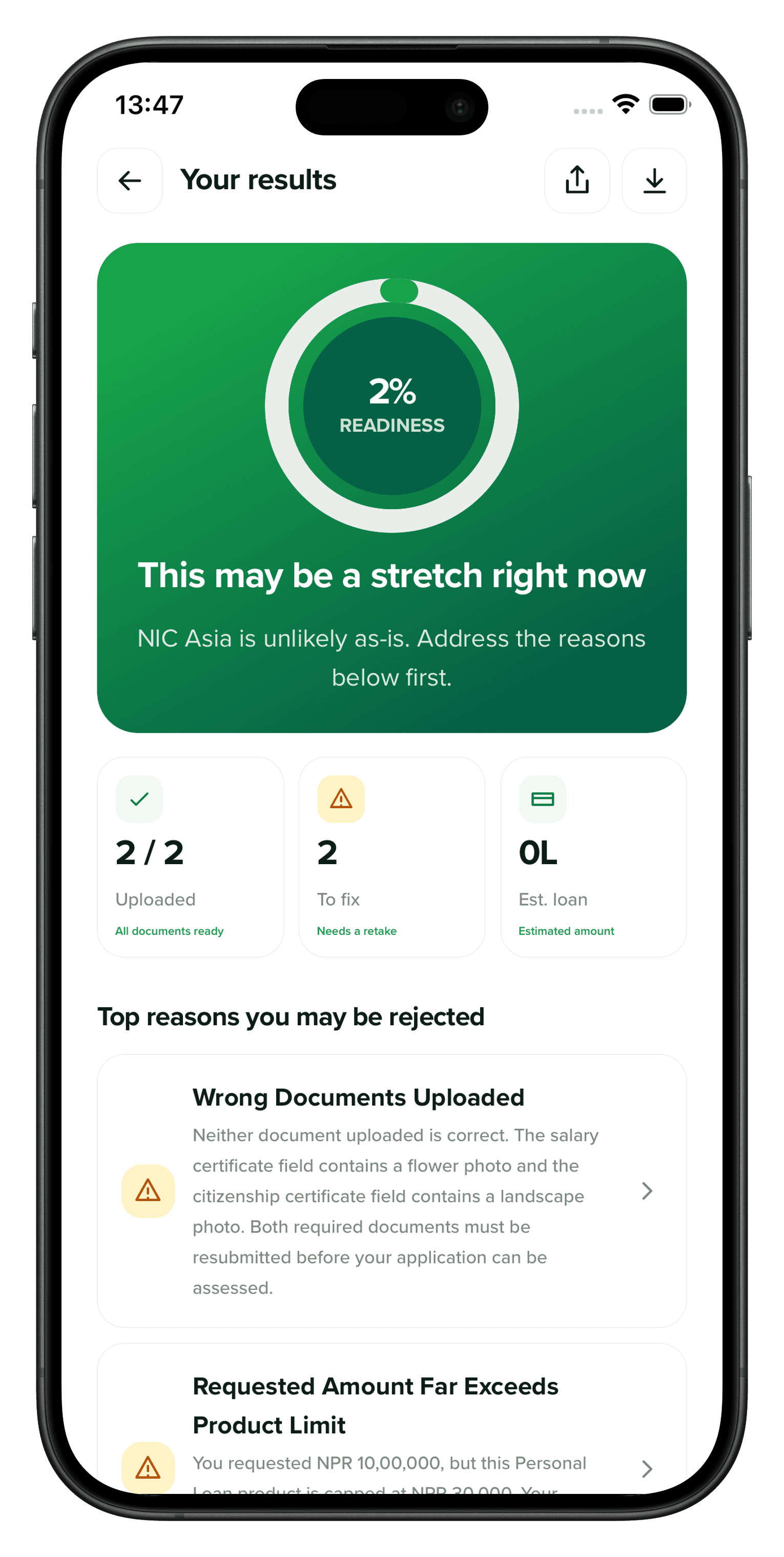thedocly results screen with rejection reasons